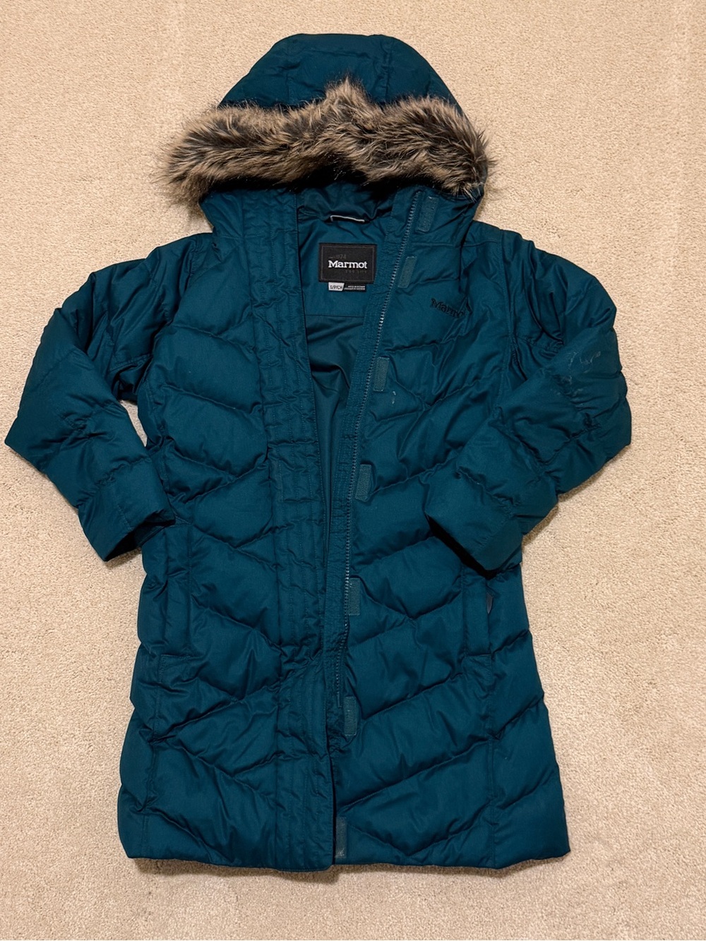 Marmot kids Teal Hooded Down Coat with Faux Fur Trim size S